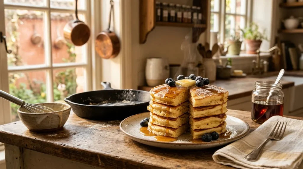 Pile de pancakes aux myrtilles sur table rustique de cuisine