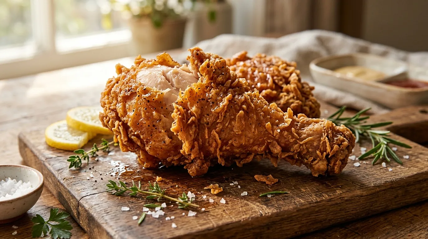 Poulet frit doré sur planche bois avec herbes aromatiques