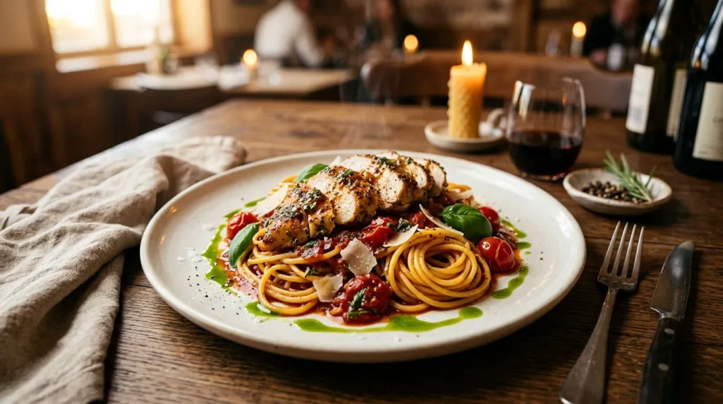 Assiette de poulet avec pâtes et tomates sur table de restaurant.