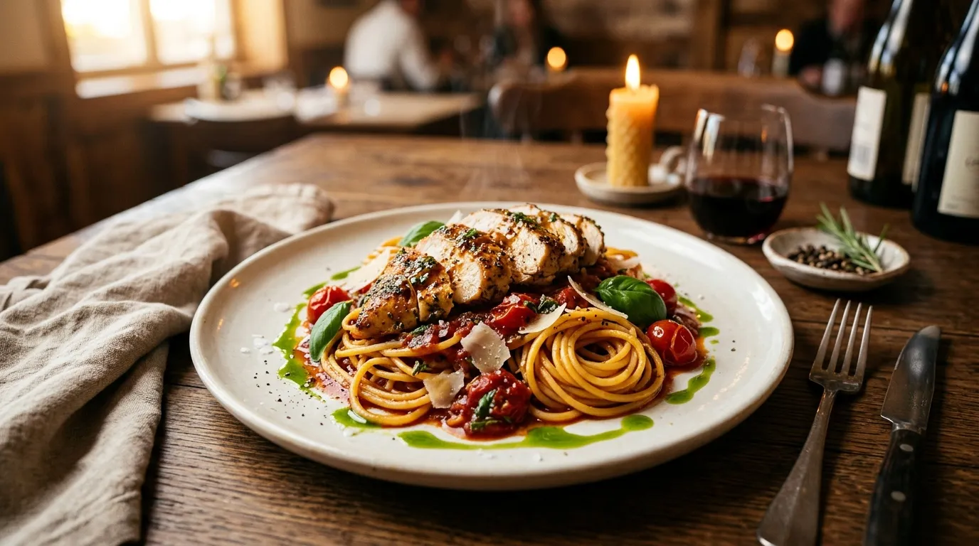 Assiette de poulet avec pâtes et tomates sur table de restaurant.