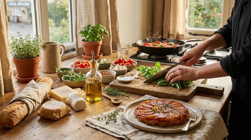 Cuisinier prépare des herbes dans une cuisine ensoleillée avec ingrédients