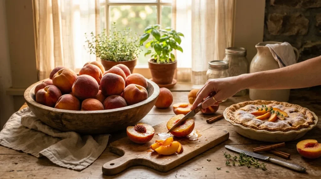 Femme préparant une tarte aux pêches dans une cuisine ensoleillée