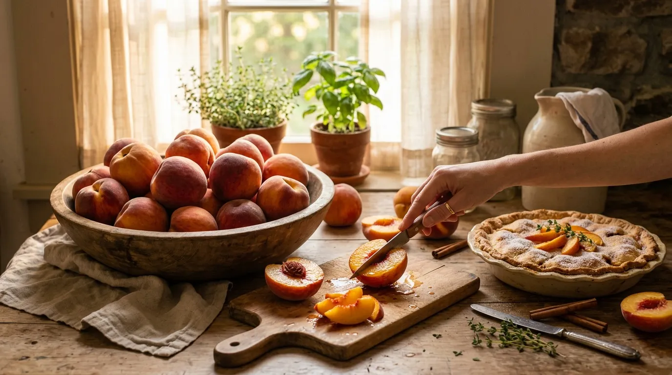 Femme préparant une tarte aux pêches dans une cuisine ensoleillée