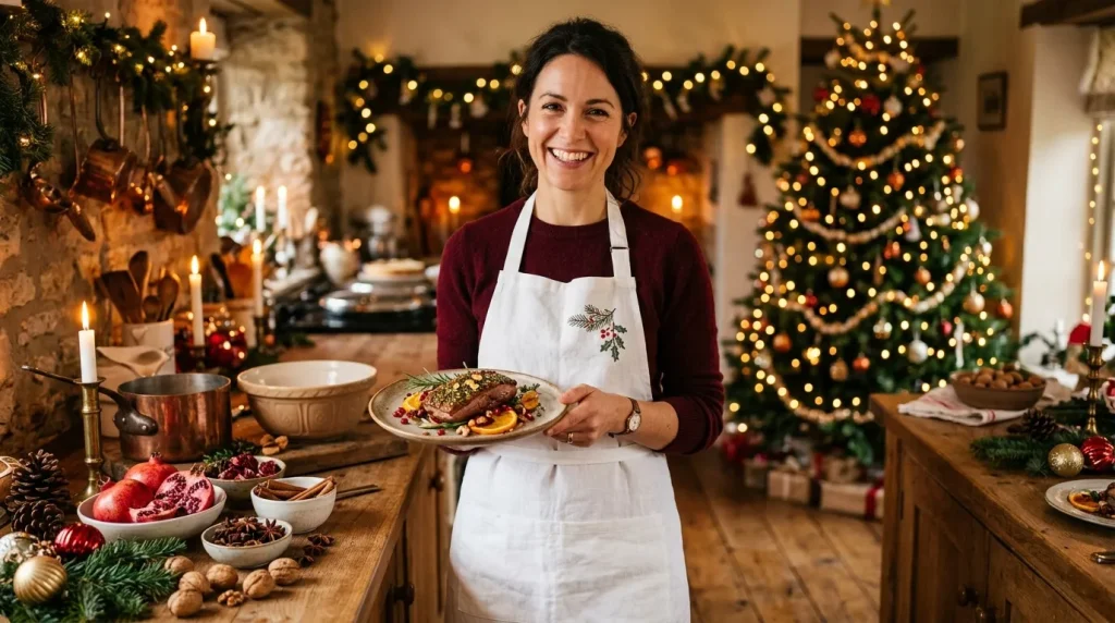 Femme souriante présentant un plat dans une cuisine décorée pour Noël