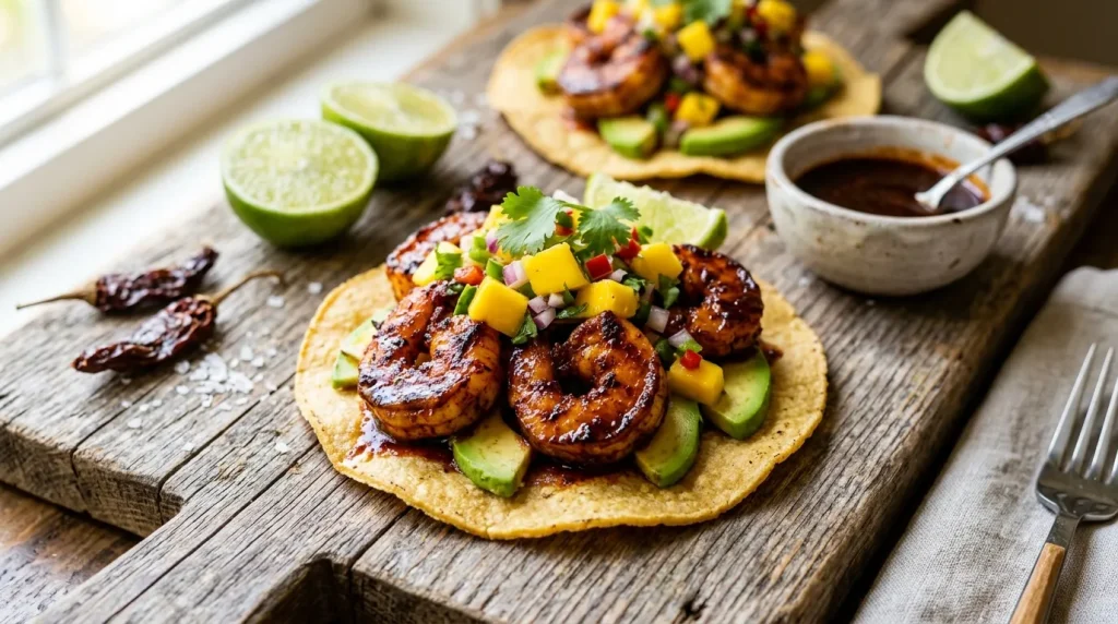 Tacos garnis de crevettes caramélisées, concombre, mangue, coriandre, citron vert