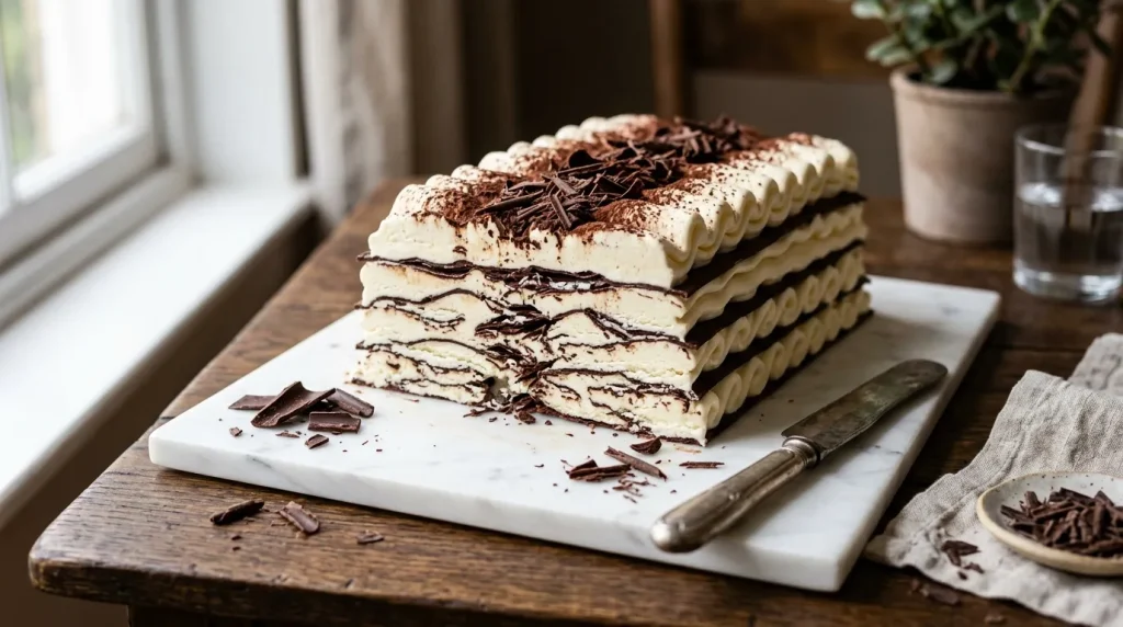 Tiramisu en tranche avec chocolat râpé et crème