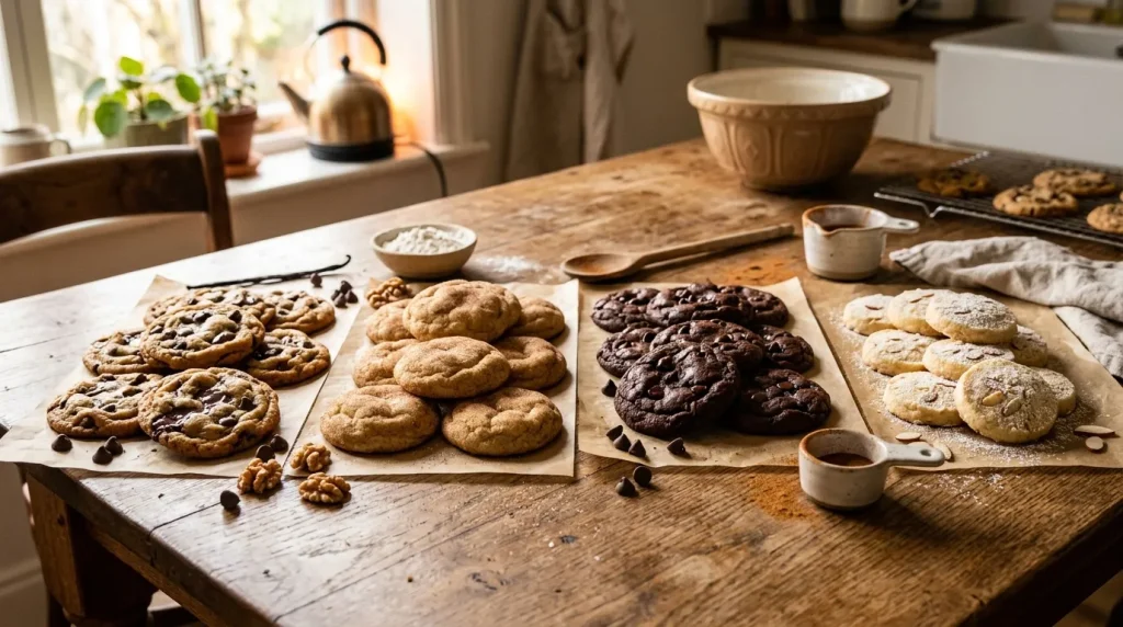 Quatre variétés de biscuits frais sur table de bois rustique
