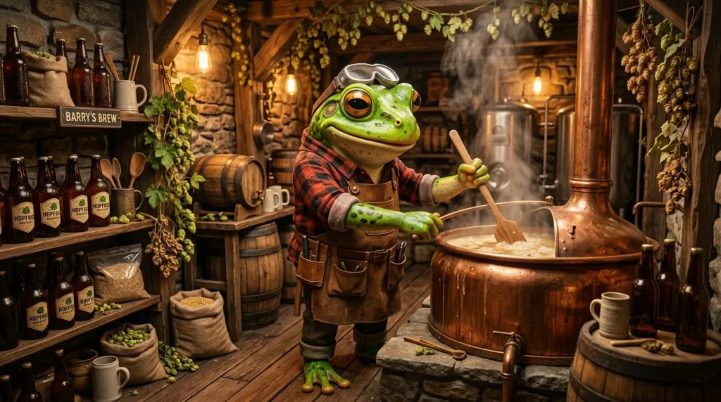 Une grenouille verte brasse de la bière dans une taverne rustique.