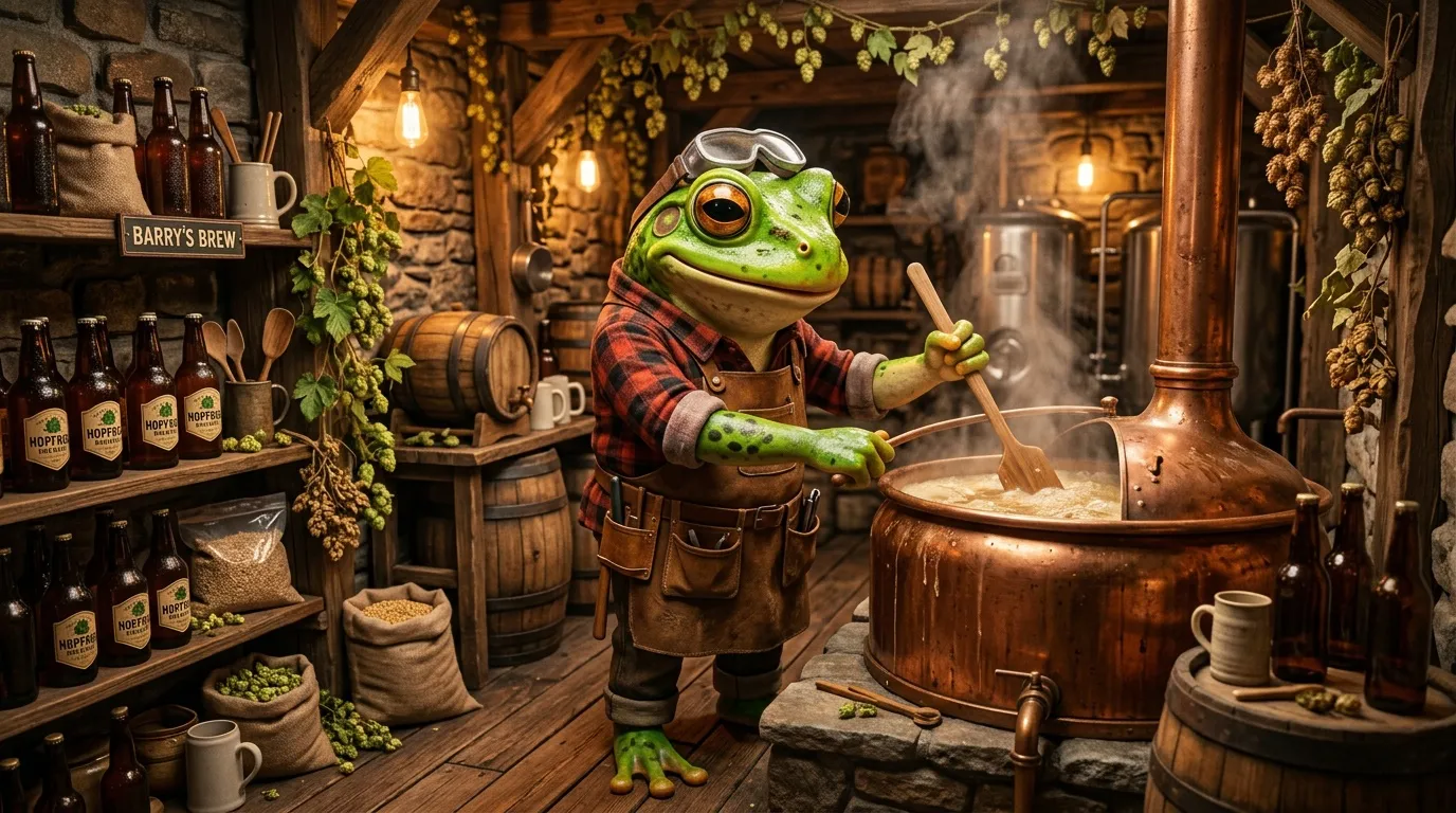 Une grenouille verte brasse de la bière dans une taverne rustique.