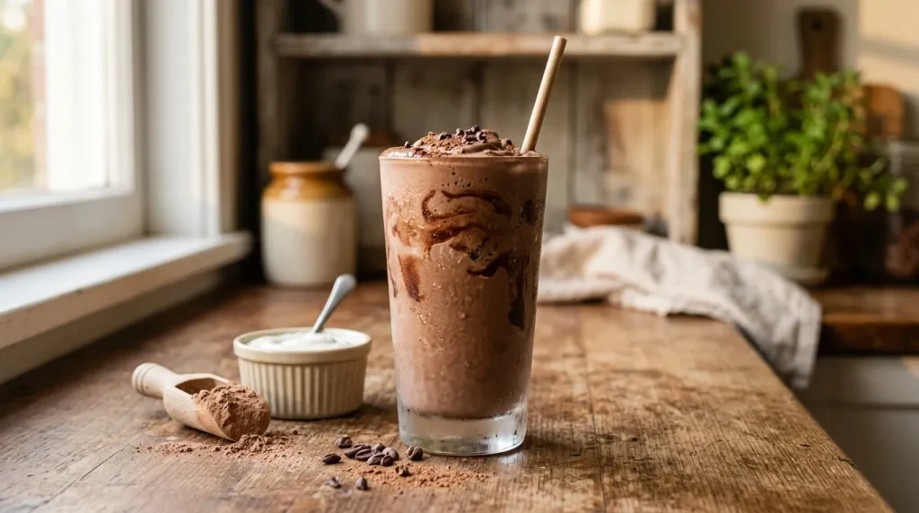Verre de chocolat froid avec poudre de cacao et paille