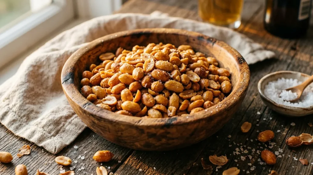 Bol de cacahuètes grillées avec sel fin sur table rustique