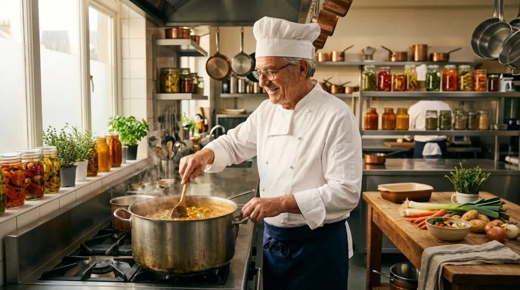 Chef senior en tenue blanche préparant un repas dans sa cuisine professionnelle