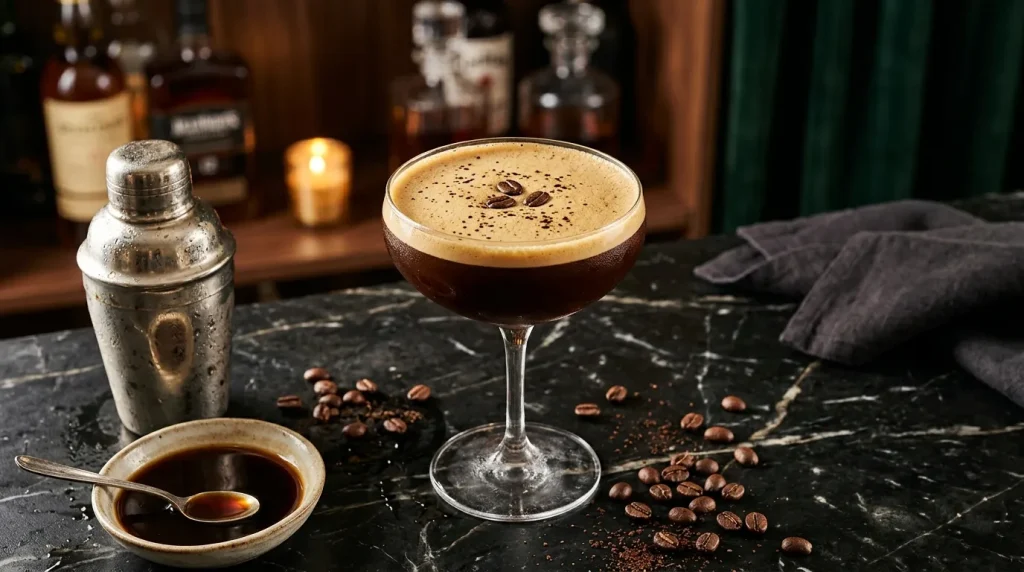Verre de cocktail au café avec mousse, shaker et grains.