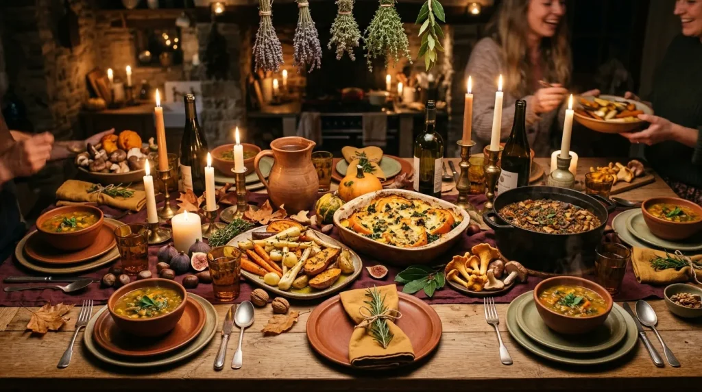 Table décorée avec bougies, plats cuisinés et convives célébrant