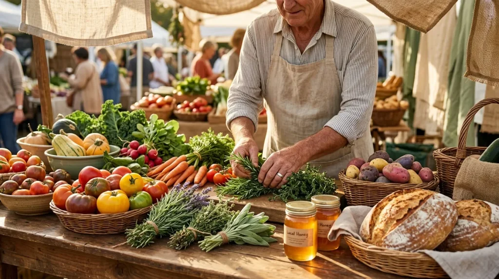 Vendeur arrange légumes frais et miel au marché paysan
