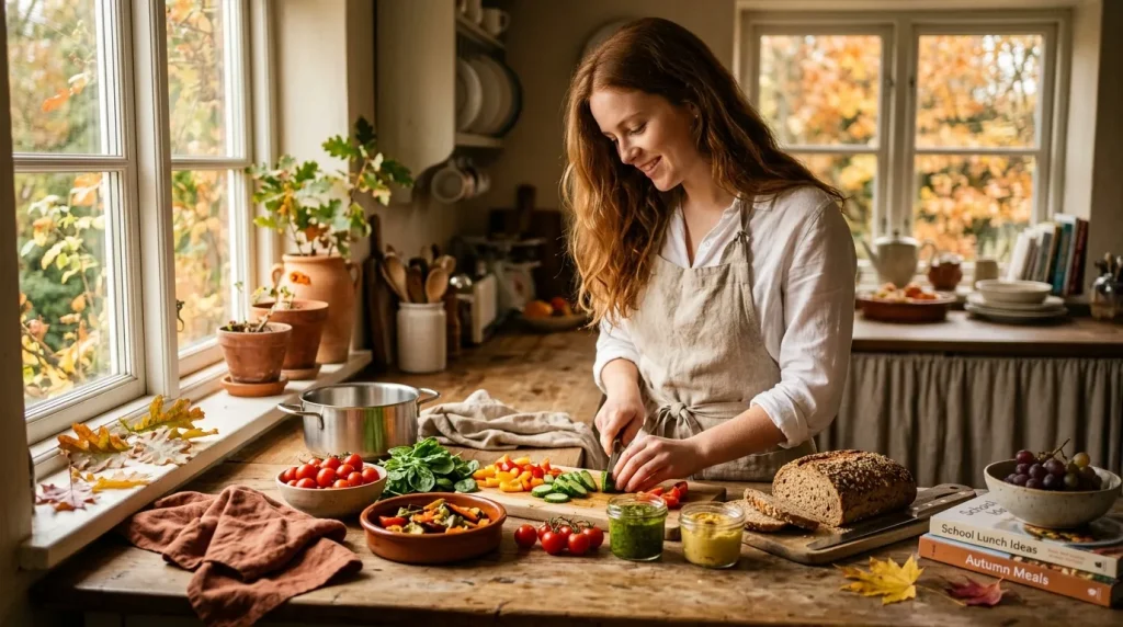 Femme préparant des légumes frais dans une cuisine ensoleillée d'automne