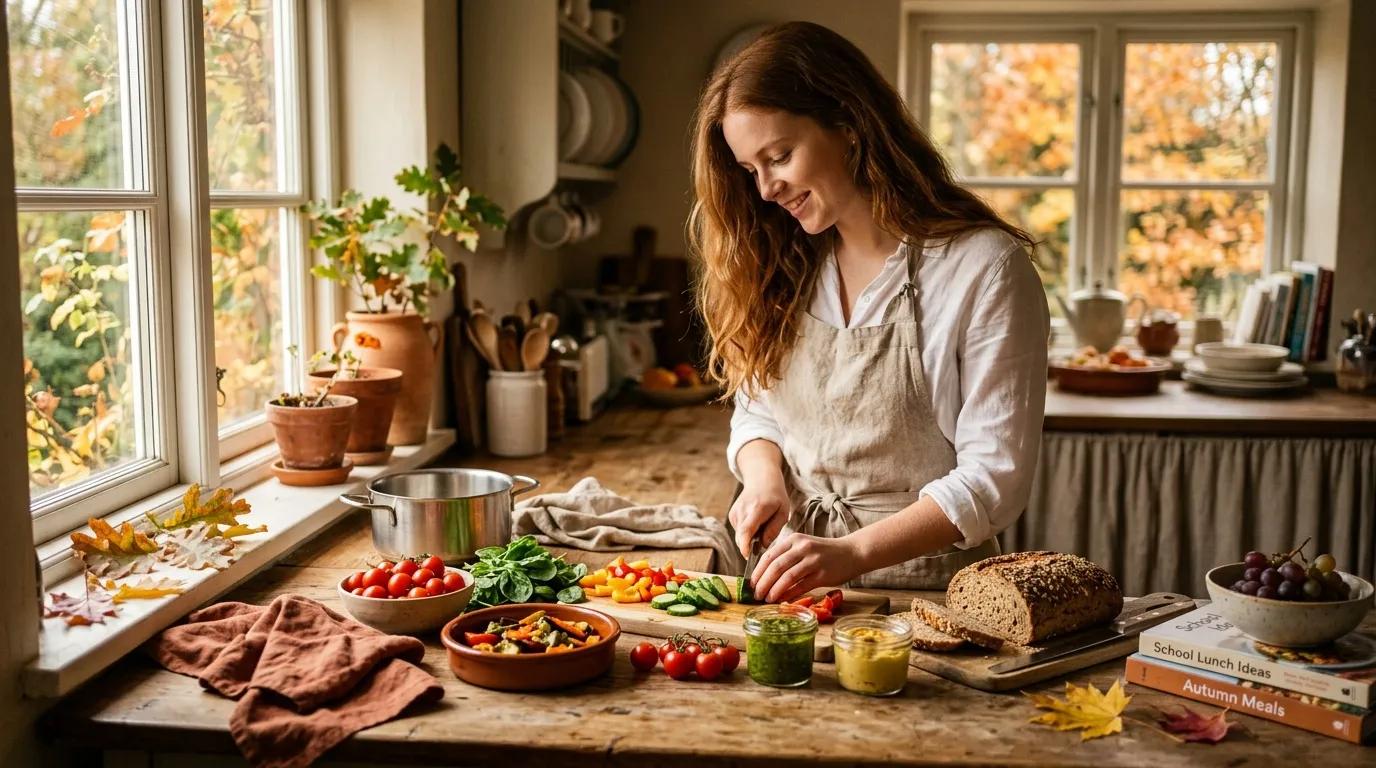 Femme préparant des légumes frais dans une cuisine ensoleillée d'automne