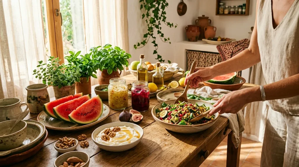 Femme préparant un repas sain avec fruits et légumes frais