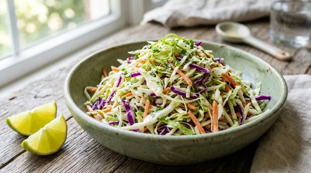 Salade de chou cru multicolore garnie de germes, citron frais