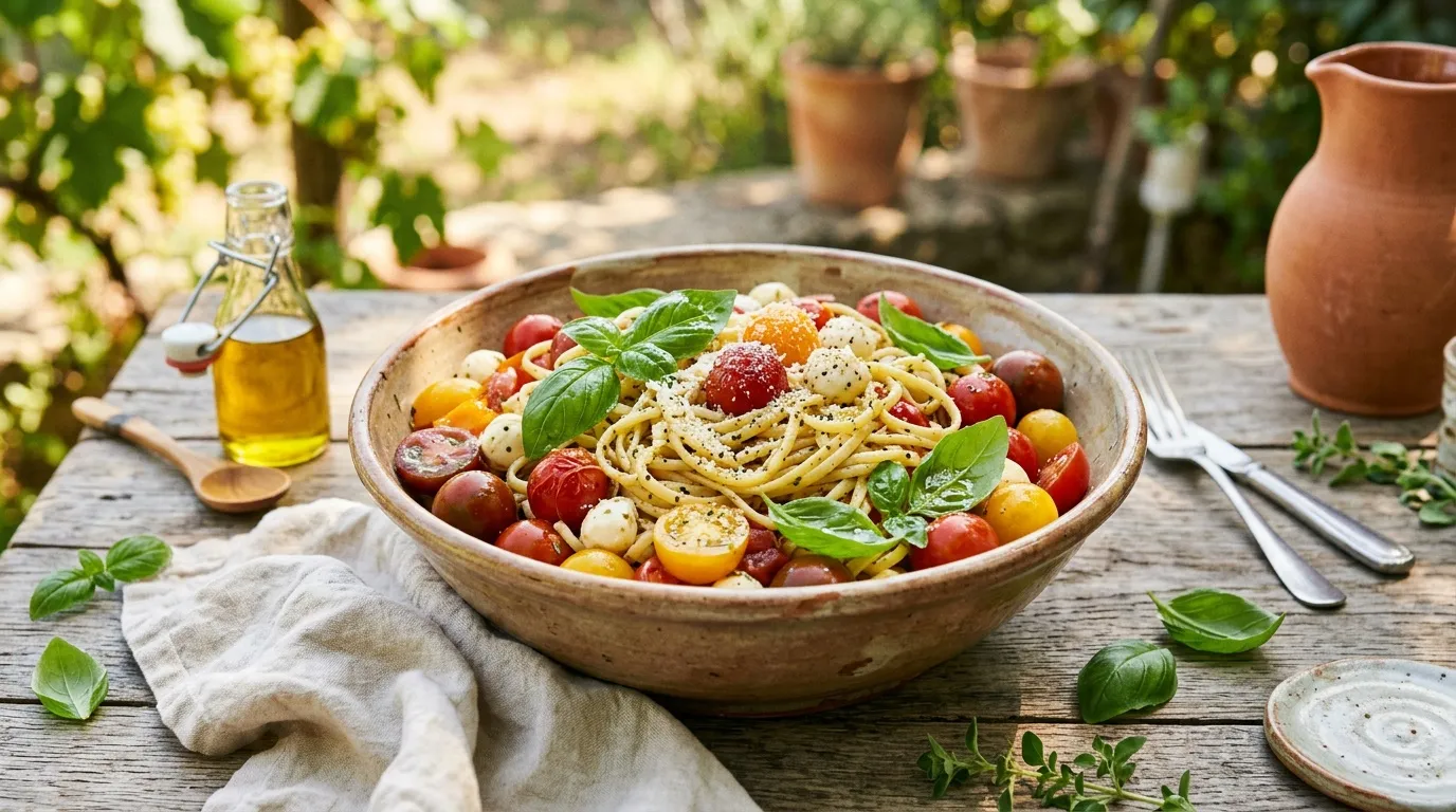 Bol de pâtes avec tomates, mozzarella et basilic frais au jardin