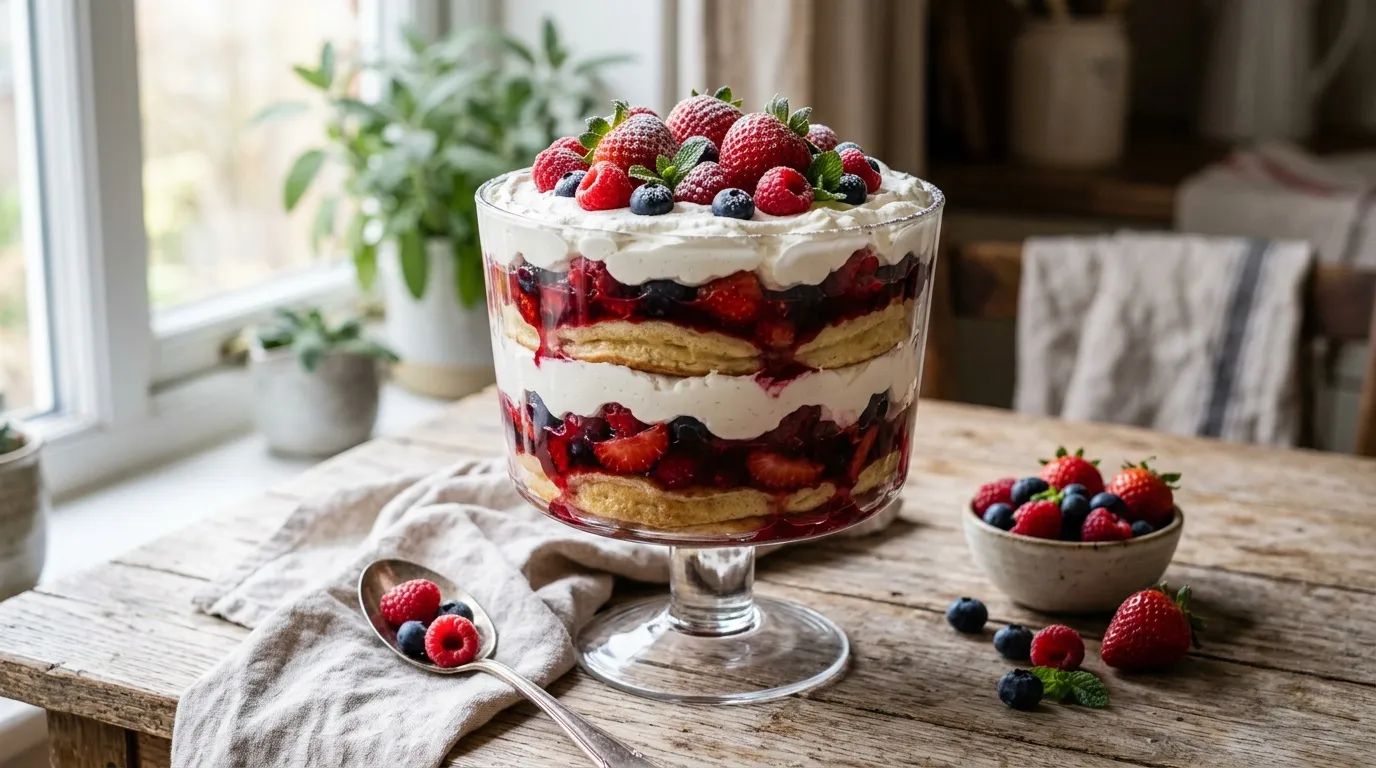 Dessert en verrine avec fruits rouges, crème et biscuits